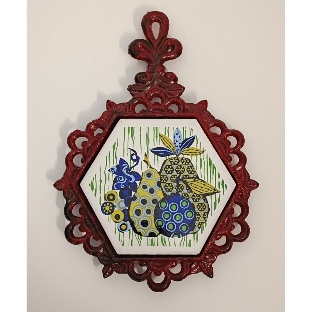 Ceramic Tile Cast Iron Hot Plate Trivet Fruit Retro Wall Hanging -Blue Green Red